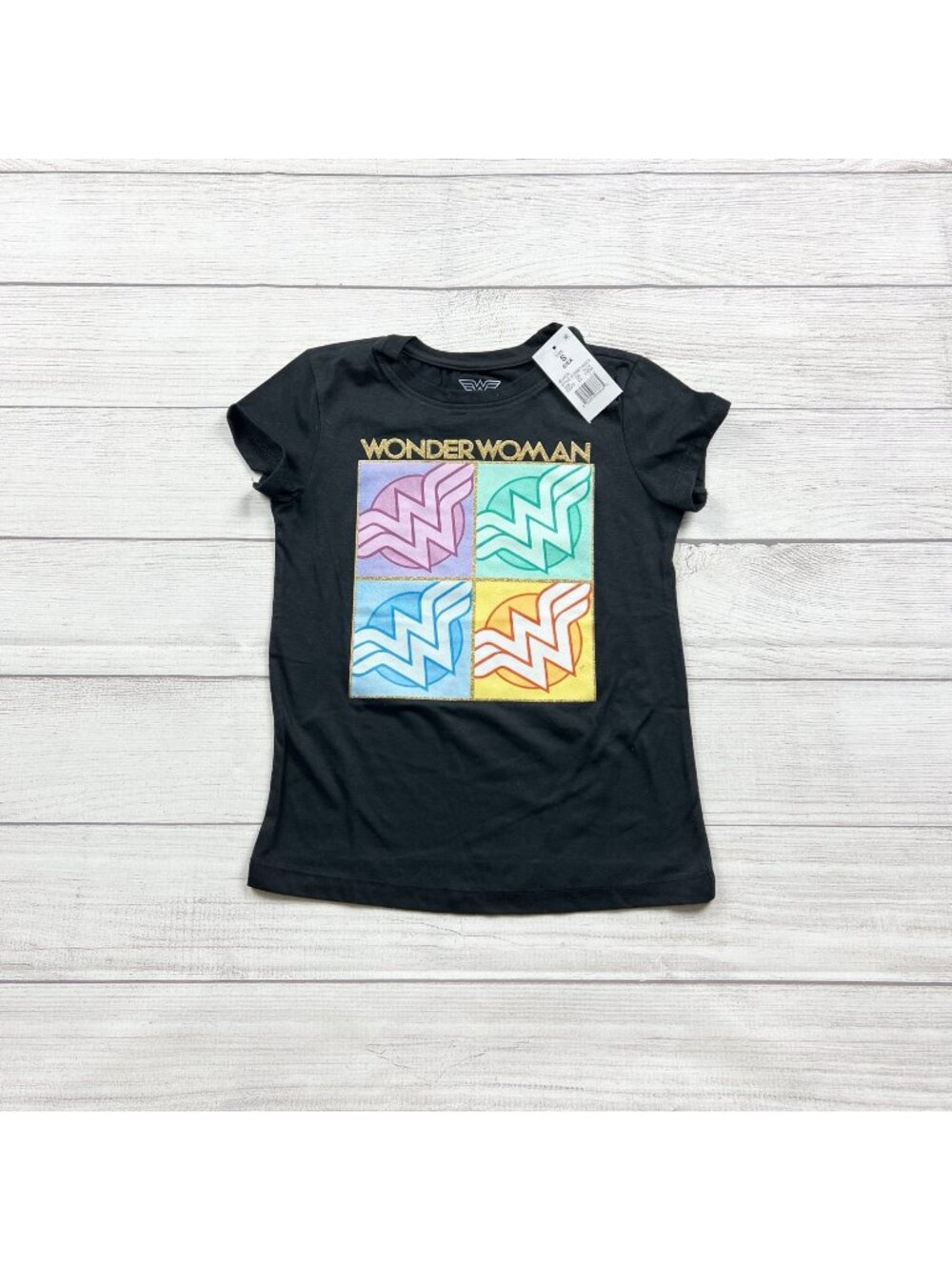 Wonder Woman Girls Graphic T-Shirt Black Multicolor Logo NWT S 6-6x